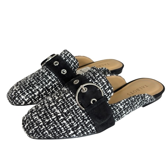 Talbots Stella Tweed Mules Womens Shoe Size 6.5 Classic Preppy Black White NEW - Picture 1 of 10
